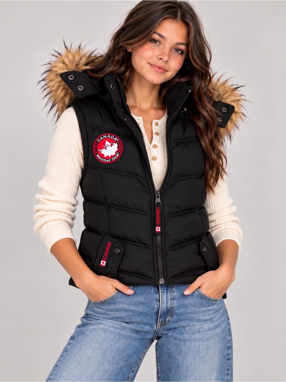 Canada Weather Gear Discontinued Insulated Puffer Vest with Faux Fur Hood Black